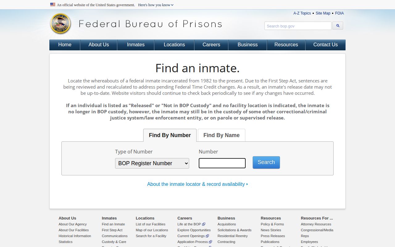 Federal BOP search for a person released after Warren County custody