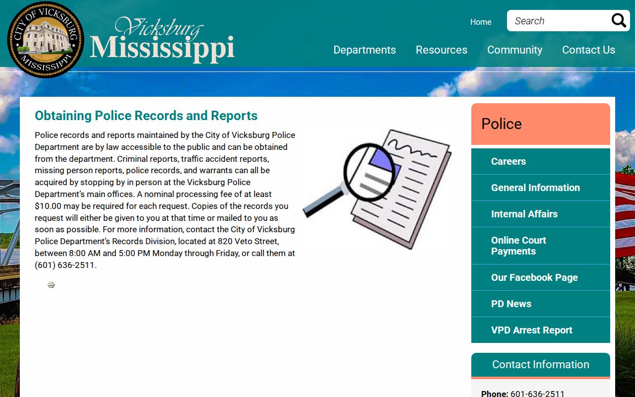 Vicksburg Police records access for a Warren County release record